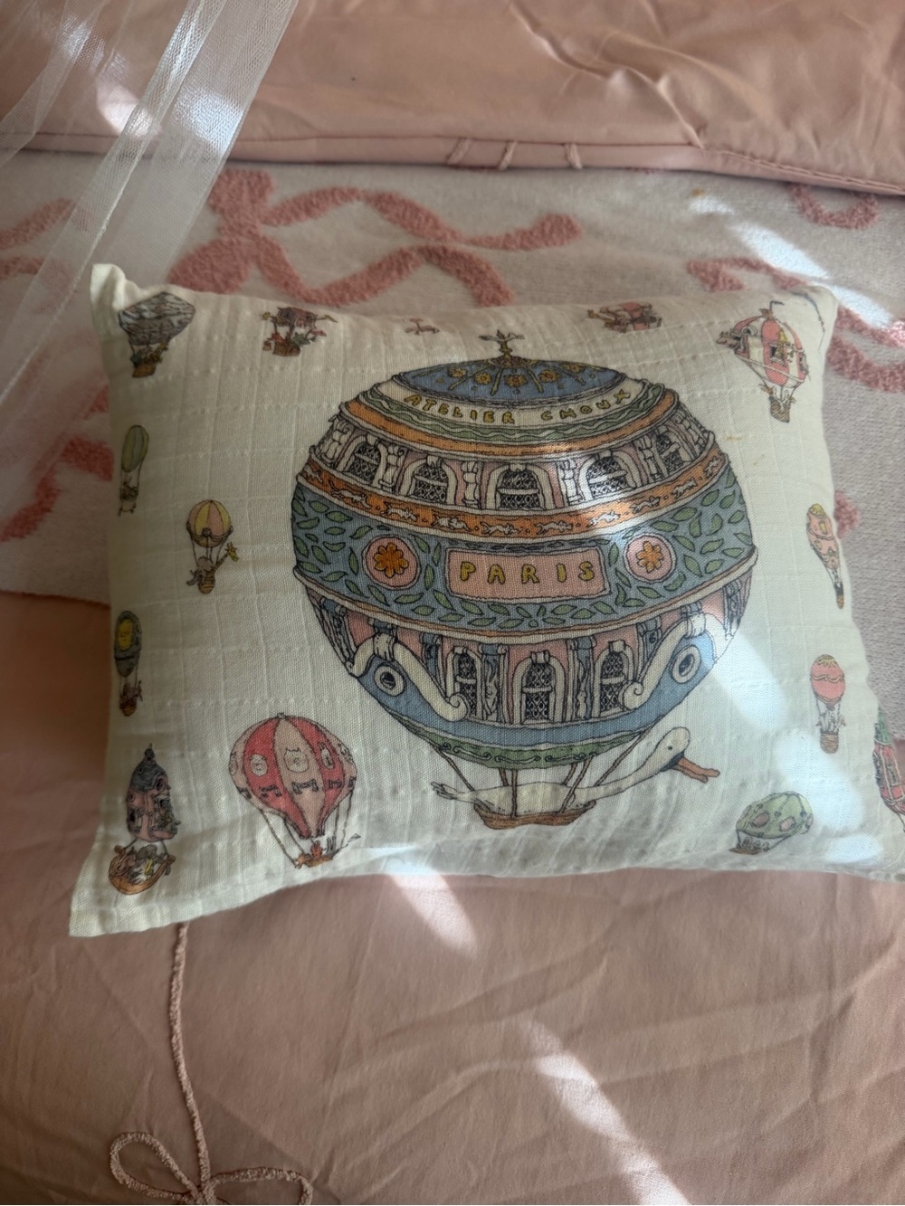 Atelier choux  Paris Hot Air Balloon Decorative Pillow - Cream and Pastel